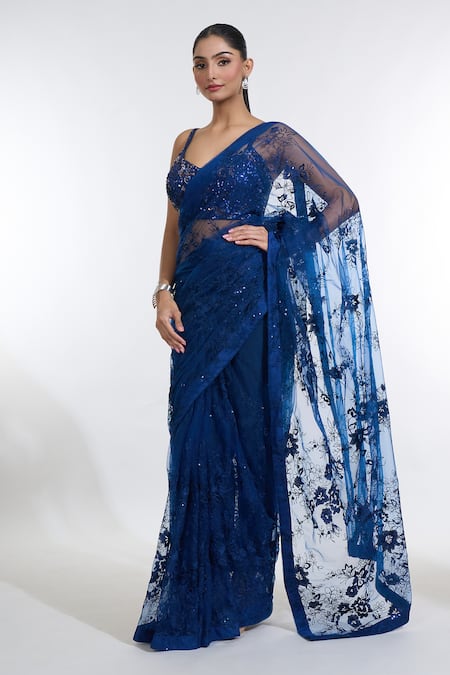 Meenagurnam Blue Net Sequins, Embroidery Sweetheart Neck Iris Saree With Blouse Online at Aza Fashions Meenagurnam_Blue Net Sequins, Embroidery Sweetheart Neck Iris Saree With Blouse _Online_at_Aza_Fashions