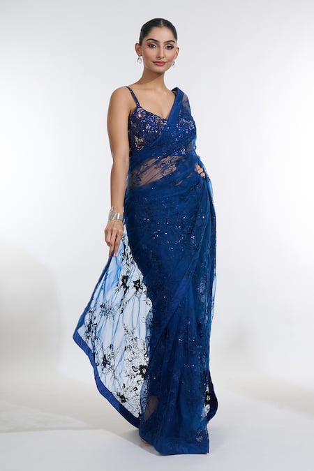 Buy Meenagurnam Blue Net Sequins, Embroidery Sweetheart Neck Iris Saree With Blouse Online at Aza Fashions Buy_Meenagurnam_Blue Net Sequins, Embroidery Sweetheart Neck Iris Saree With Blouse _Online_at_Aza_Fashions