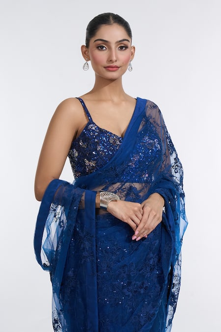 Shop Meenagurnam Blue Net Sequins, Embroidery Sweetheart Neck Iris Saree With Blouse Online at Aza Fashions Shop_Meenagurnam_Blue Net Sequins, Embroidery Sweetheart Neck Iris Saree With Blouse _Online_at_Aza_Fashions