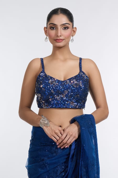 Buy Meenagurnam Blue Net Sequins, Embroidery Sweetheart Neck Iris Saree With Blouse Buy_Meenagurnam_Blue Net Sequins, Embroidery Sweetheart Neck Iris Saree With Blouse