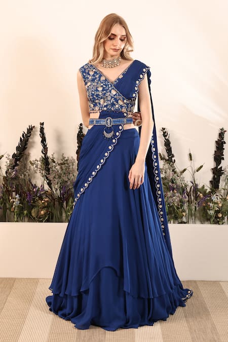 Nayna Kapoor Blue Georgette Embroidered Gota Sapphire Serenade Pre-draped Saree With Blouse 