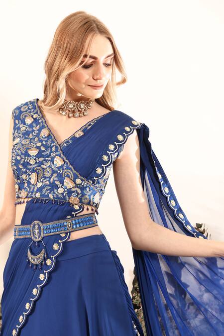 Nayna Kapoor_Blue Organza, Georgette Gota Sapphire Serenade Pre-draped Saree With Blouse_Online_at_Aza_Fashions