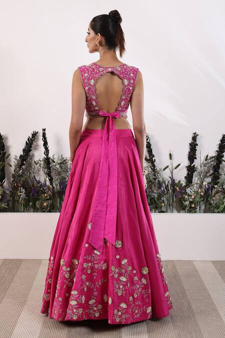 Shop_Nayna Kapoor_Fuchsia Silk, Organza Gota Patti, Embroidery Plunge Neck Lehenga Set_at_Aza_Fashions