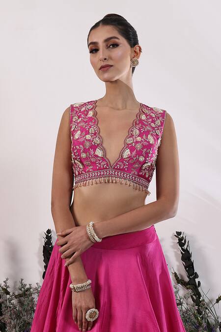 Buy Nayna Kapoor Fuchsia Silk, Organza Gota Patti, Embroidery Plunge Neck Lehenga Set Online at Aza Fashions Buy_Nayna Kapoor_Fuchsia Silk, Organza Gota Patti, Embroidery Plunge Neck Lehenga Set_Online_at_Aza_Fashions
