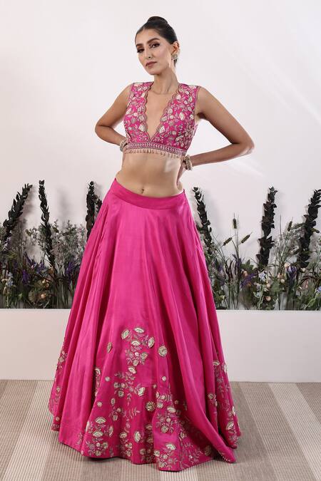Nayna Kapoor_Fuchsia Silk, Organza Gota Patti, Embroidery Plunge Neck Lehenga Set_at_Aza_Fashions