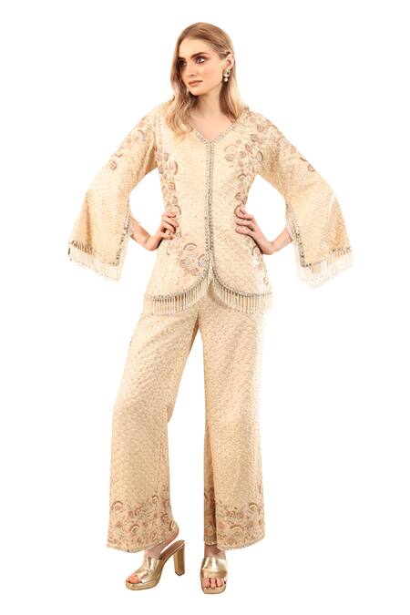 Nayna Kapoor Ivory V-neck Gota Patti Embroidered Tunic And Pant Set Online at Aza Fashions Nayna Kapoor_Ivory V-neck Gota Patti Embroidered Tunic And Pant Set_Online_at_Aza_Fashions