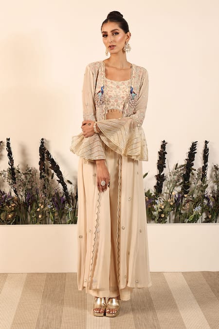 Shop_Nayna Kapoor_Ivory Scoop Neck Embroidered Cape Pant Set _at_Aza_Fashions