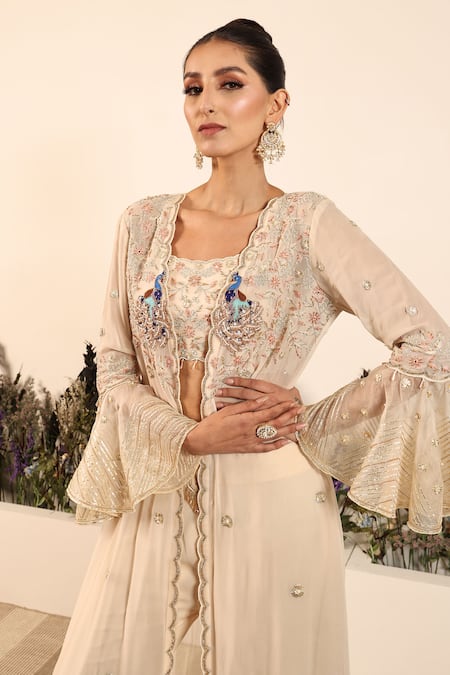 Nayna Kapoor_Ivory Scoop Neck Embroidered Cape Pant Set _Online_at_Aza_Fashions