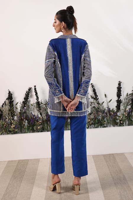 Shop_Nayna Kapoor_Blue Georgette Embroidered Stripe Crop Top V Electric Azure Jacket Pant Set _at_Aza_Fashions