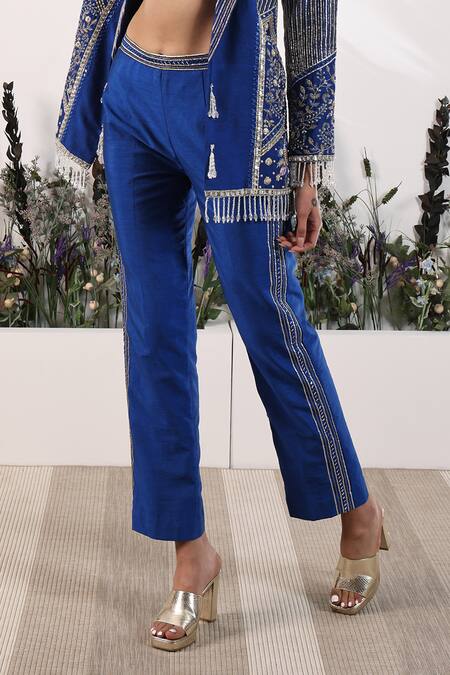 Nayna Kapoor_Blue Georgette Embroidered Stripe Crop Top V Electric Azure Jacket Pant Set _Online_at_Aza_Fashions