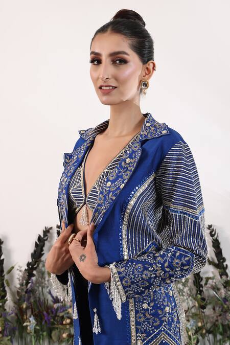 Shop_Nayna Kapoor_Blue Georgette Embroidered Stripe Crop Top V Electric Azure Jacket Pant Set _Online_at_Aza_Fashions
