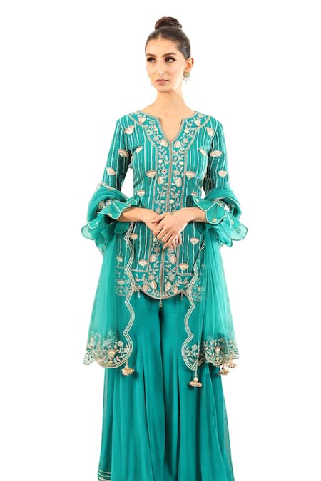 Buy_Nayna Kapoor_Green Organza, Georgette Embroidery Round Neck Emerald Floral Kurta Set_Online_at_Aza_Fashions