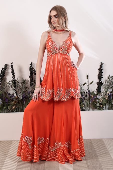 Nayna Kapoor Orange Georgette Embroidered Stripe Tangerine Tango Peplum Tunic Sharara Set 