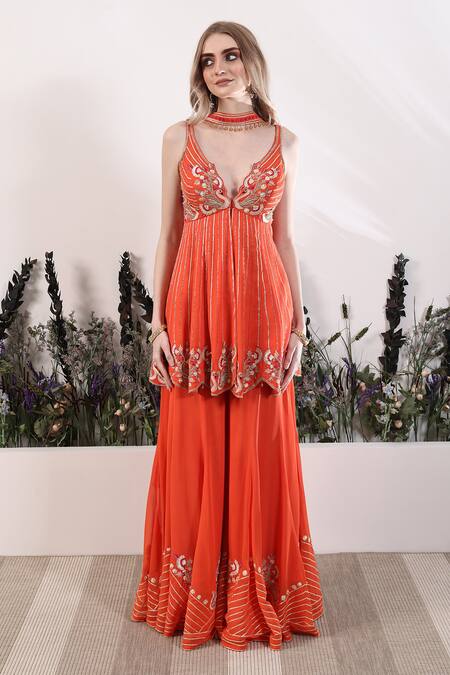 Nayna Kapoor_Orange Organza, Georgette Embroidery Tangerine Tango Peplum Tunic Sharara Set_Online_at_Aza_Fashions