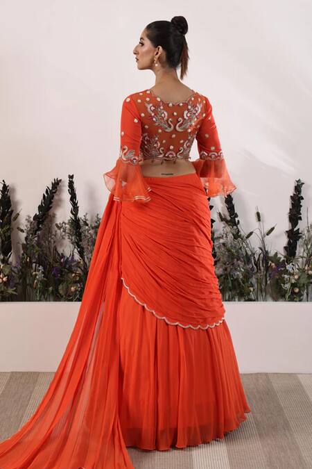 Shop Nayna Kapoor Orange Georgette Embroidery V-neck Saffron Sunset Pre-draped Saree With Blouse at Aza Fashions Shop_Nayna Kapoor_Orange Georgette Embroidery V-neck Saffron Sunset Pre-draped Saree With Blouse_at_Aza_Fashions