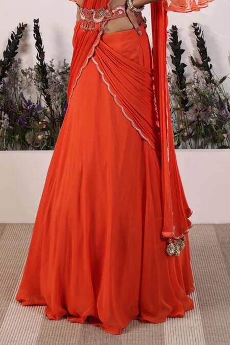 Nayna Kapoor Orange Georgette Embroidery V-neck Saffron Sunset Pre-draped Saree With Blouse Online at Aza Fashions Nayna Kapoor_Orange Georgette Embroidery V-neck Saffron Sunset Pre-draped Saree With Blouse_Online_at_Aza_Fashions