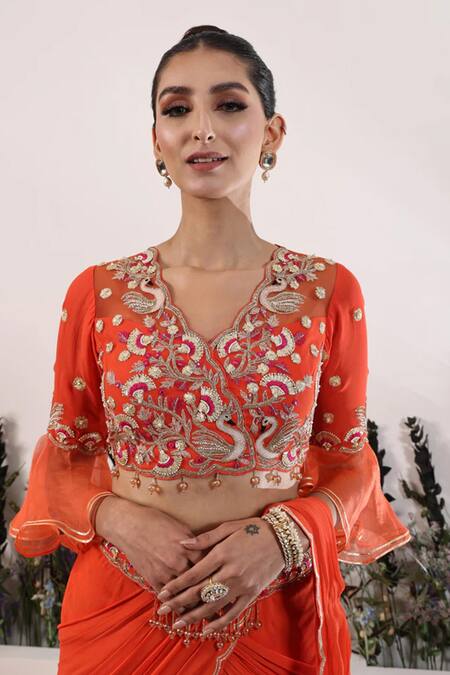 Buy Nayna Kapoor Orange Georgette Embroidery V-neck Saffron Sunset Pre-draped Saree With Blouse Online at Aza Fashions Buy_Nayna Kapoor_Orange Georgette Embroidery V-neck Saffron Sunset Pre-draped Saree With Blouse_Online_at_Aza_Fashions
