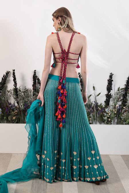 Shop_Nayna Kapoor_Green Silk, Organza Tassels, Sequins, Rainbow Rhapsody Tunic Palazzo Set_at_Aza_Fashions