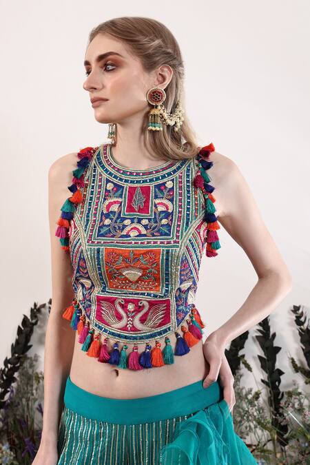 Nayna Kapoor_Green Silk, Organza Tassels, Sequins, Rainbow Rhapsody Tunic Palazzo Set_Online_at_Aza_Fashions