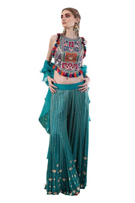Buy Nayna Kapoor Green Silk, Organza Tassels, Sequins, Rainbow Rhapsody Tunic Palazzo Set Online at Aza Fashions Buy_Nayna Kapoor_Green Silk, Organza Tassels, Sequins, Rainbow Rhapsody Tunic Palazzo Set_Online_at_Aza_Fashions