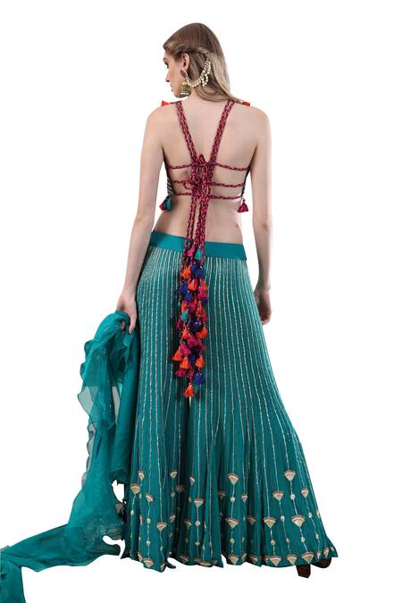 Shop Nayna Kapoor Green Silk, Organza Tassels, Sequins, Rainbow Rhapsody Tunic Palazzo Set Online at Aza Fashions Shop_Nayna Kapoor_Green Silk, Organza Tassels, Sequins, Rainbow Rhapsody Tunic Palazzo Set_Online_at_Aza_Fashions