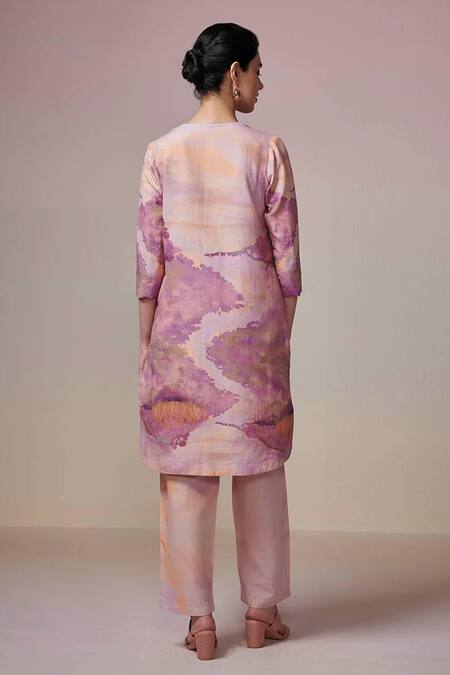 Shop Dressfolk Purple Linen, Cotton Round Neck Abstract Digital Print Kurta And Pant Set at Aza Fashions Shop_Dressfolk_Purple Linen, Cotton Round Neck Abstract Digital Print Kurta And Pant Set_at_Aza_Fashions