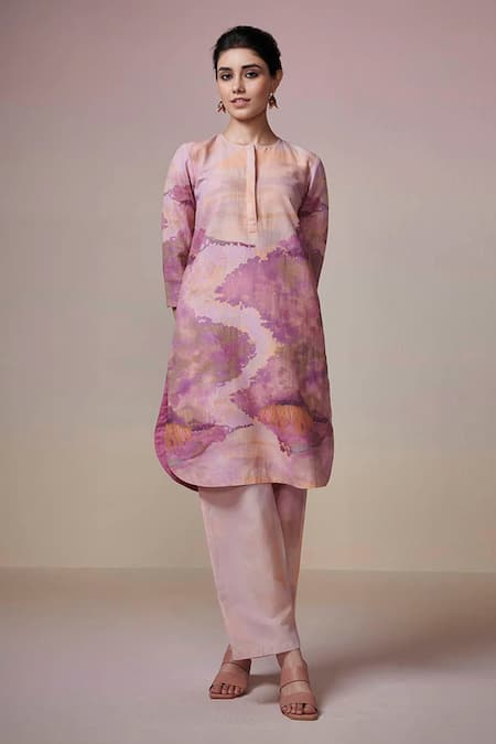 Dressfolk Purple Linen, Cotton Round Neck Abstract Digital Print Kurta And Pant Set Online at Aza Fashions Dressfolk_Purple Linen, Cotton Round Neck Abstract Digital Print Kurta And Pant Set_Online_at_Aza_Fashions