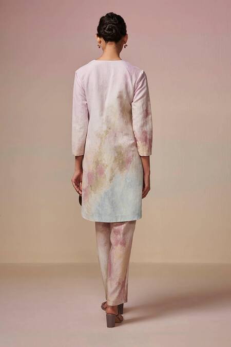 Shop Dressfolk Pink Linen, Cotton Round Neck Abstract Digital Print Kurta And Pant Set at Aza Fashions Shop_Dressfolk_Pink Linen, Cotton Round Neck Abstract Digital Print Kurta And Pant Set_at_Aza_Fashions