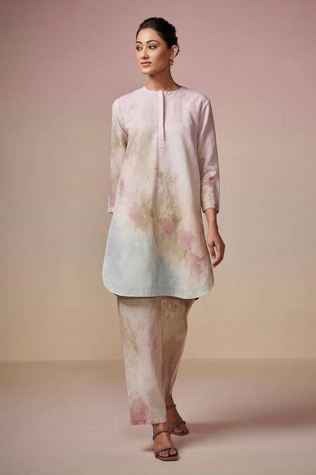 Dressfolk Pink Linen, Cotton Round Neck Abstract Digital Print Kurta And Pant Set Online at Aza Fashions Dressfolk_Pink Linen, Cotton Round Neck Abstract Digital Print Kurta And Pant Set_Online_at_Aza_Fashions
