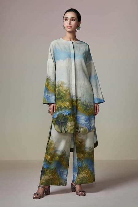 Dressfolk_Blue Linen, Cotton Round Neck Abstract Digital Printed Kurta Set _Online_at_Aza_Fashions