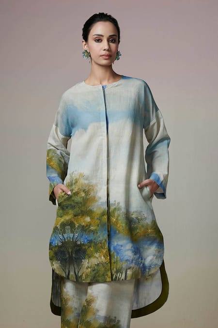 Buy_Dressfolk_Blue Linen, Cotton Round Neck Abstract Digital Printed Kurta Set _Online_at_Aza_Fashions
