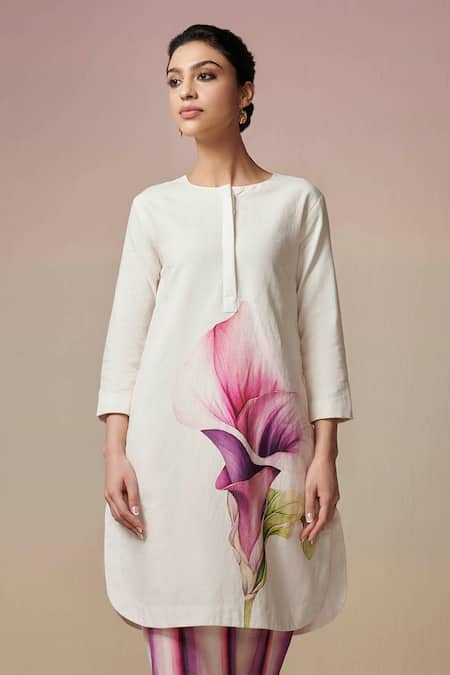 Buy_Dressfolk_Ivory Linen, Cotton Round Neck Floral Digital Printed Kurta And Pant Set_Online_at_Aza_Fashions