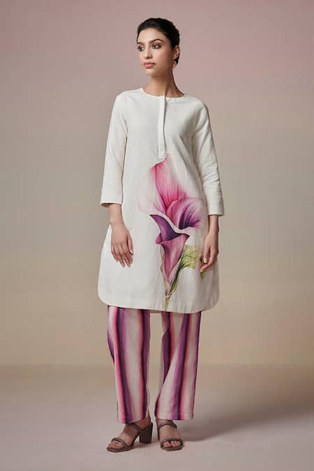 Buy_Dressfolk_Ivory Linen, Cotton Round Neck Floral Digital Printed Kurta And Pant Set
