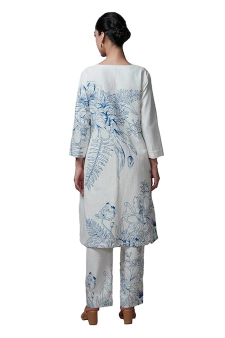 Shop_Dressfolk_Ivory Linen, Cotton V-neck Floral Printed Kurta Set_Online_at_Aza_Fashions