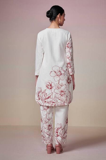 Shop Dressfolk Ivory Linen, Cotton Embroidery Round Neck Floral Print Kurta And Pant Set at Aza Fashions Shop_Dressfolk_Ivory Linen, Cotton Embroidery Round Neck Floral Print Kurta And Pant Set_at_Aza_Fashions