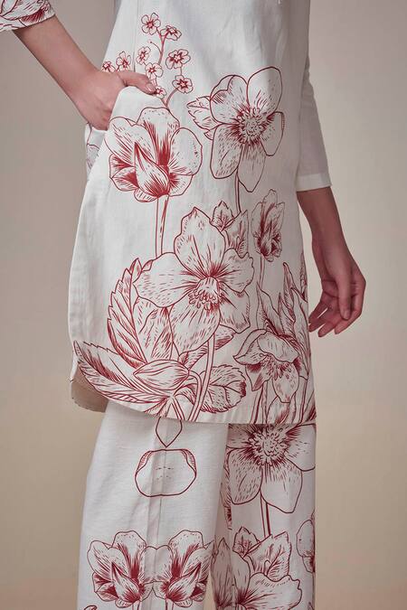 Dressfolk Ivory Linen, Cotton Embroidery Round Neck Floral Print Kurta And Pant Set Online at Aza Fashions Dressfolk_Ivory Linen, Cotton Embroidery Round Neck Floral Print Kurta And Pant Set_Online_at_Aza_Fashions