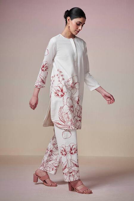 Buy Dressfolk Ivory Linen, Cotton Embroidery Round Neck Floral Print Kurta And Pant Set Online at Aza Fashions Buy_Dressfolk_Ivory Linen, Cotton Embroidery Round Neck Floral Print Kurta And Pant Set_Online_at_Aza_Fashions