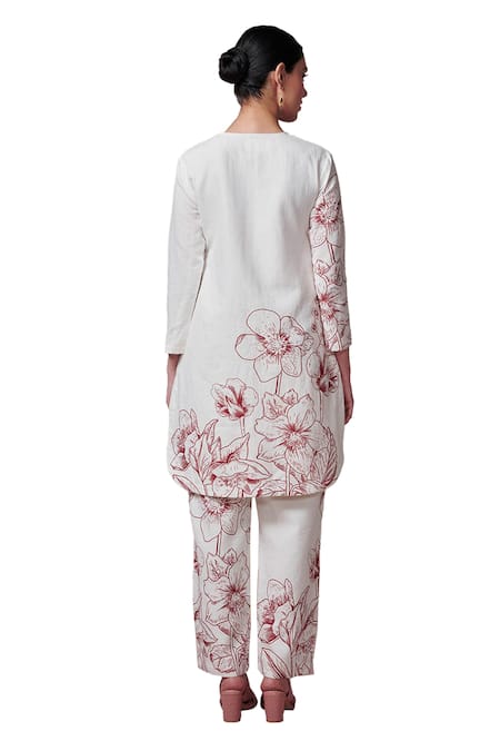Shop Dressfolk Ivory Linen, Cotton Embroidery Round Neck Floral Print Kurta And Pant Set Online at Aza Fashions Shop_Dressfolk_Ivory Linen, Cotton Embroidery Round Neck Floral Print Kurta And Pant Set_Online_at_Aza_Fashions