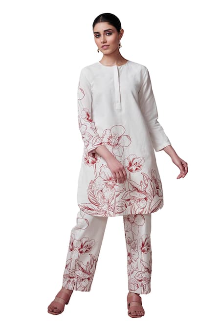Dressfolk Ivory Linen, Cotton Embroidery Round Neck Floral Print Kurta And Pant Set at Aza Fashions Dressfolk_Ivory Linen, Cotton Embroidery Round Neck Floral Print Kurta And Pant Set_at_Aza_Fashions