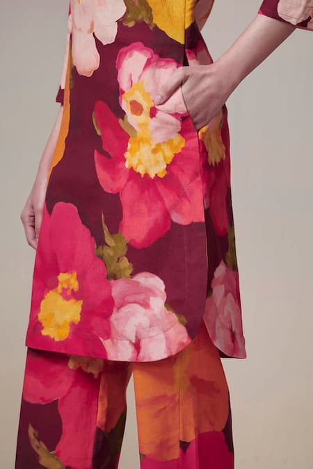 Buy Dressfolk Maroon Linen, Cotton Round Neck Floral Print Kurta And Pant Set Online at Aza Fashions Buy_Dressfolk_Maroon Linen, Cotton Round Neck Floral Print Kurta And Pant Set _Online_at_Aza_Fashions