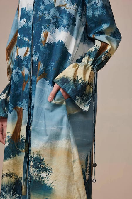 Dressfolk Blue Cotton Split V-neck Digital Printed Kurta And Pant Set Online at Aza Fashions Dressfolk_Blue Cotton Split V-neck Digital Printed Kurta And Pant Set_Online_at_Aza_Fashions