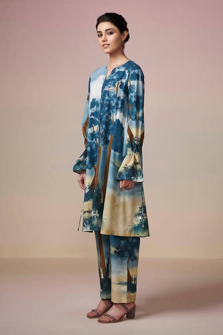 Buy Dressfolk Blue Cotton Split V-neck Digital Printed Kurta And Pant Set Online at Aza Fashions Buy_Dressfolk_Blue Cotton Split V-neck Digital Printed Kurta And Pant Set_Online_at_Aza_Fashions