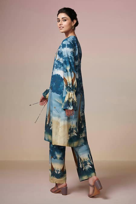 Shop Dressfolk Blue Cotton Split V-neck Digital Printed Kurta And Pant Set Online at Aza Fashions Shop_Dressfolk_Blue Cotton Split V-neck Digital Printed Kurta And Pant Set_Online_at_Aza_Fashions