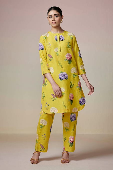 Dressfolk Yellow Linen Cotton Digital Printed Floral Nasreen Kurta And Pant Co-ord Set 