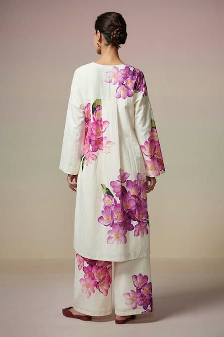 Shop_Dressfolk_Ivory Linen, Cotton Round Neck Floral Digital Printed Kurta And Pant Set_at_Aza_Fashions