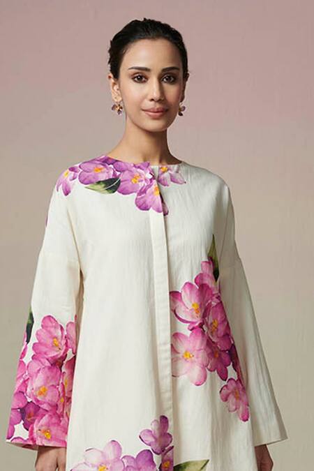 Buy_Dressfolk_Ivory Linen, Cotton Round Neck Floral Digital Printed Kurta And Pant Set_Online_at_Aza_Fashions