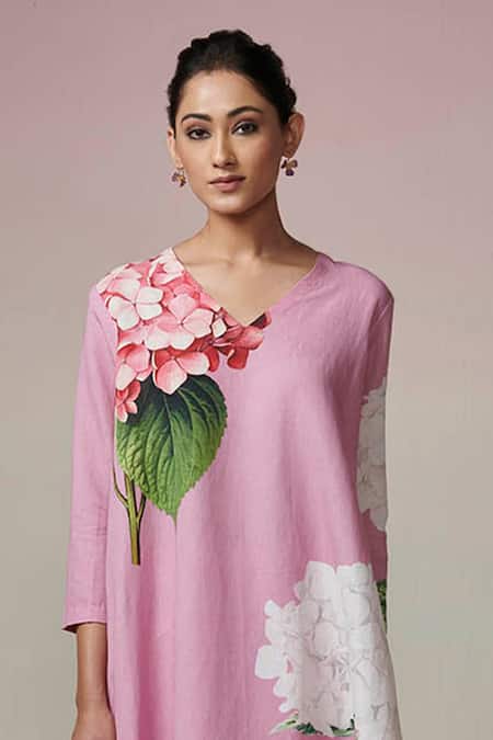 Buy_Dressfolk_Pink Linen, Cotton Embroidery V-neck Floral Digital Printed Kurta Set_Online_at_Aza_Fashions