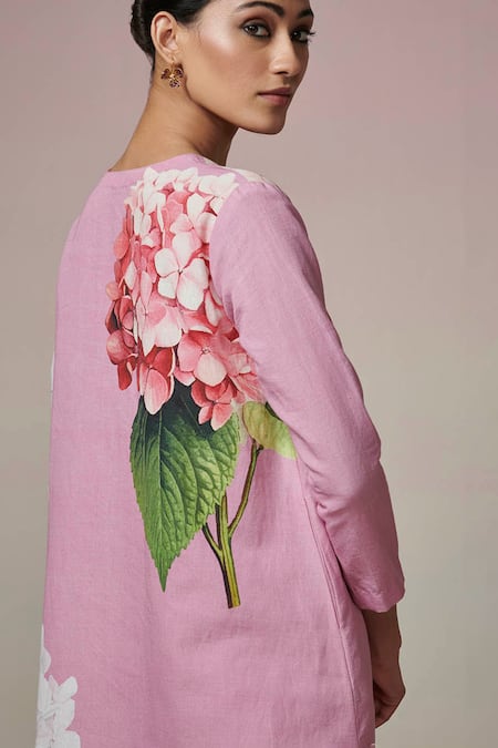 Buy_Dressfolk_Pink Linen, Cotton Embroidery V-neck Floral Digital Printed Kurta Set