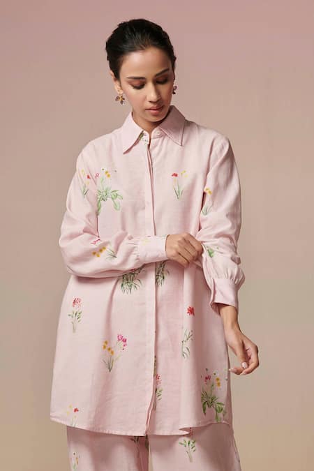 Shop_Dressfolk_Pink Linen, Cotton Embroidery Collared Floral Digital Printed Kurta And Pant Set_Online_at_Aza_Fashions