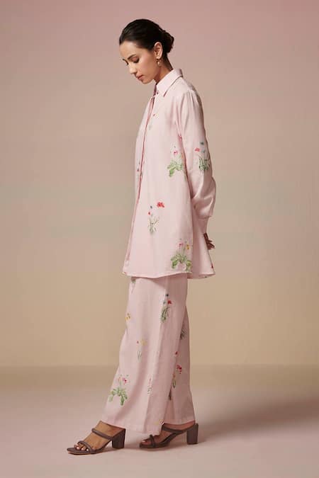 Dressfolk_Pink Linen, Cotton Embroidery Collared Floral Digital Printed Kurta And Pant Set_at_Aza_Fashions
